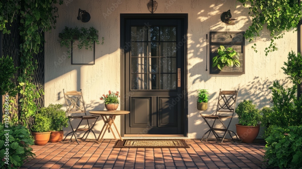 Obraz premium Simple front porch with doormat, small table and two chairs, surrounded by potted plants. generative ai