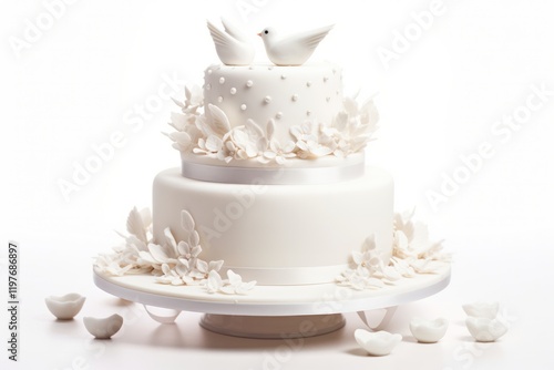 Sophisticated wedding cake with dove motifs in white icing, surrounded by a spread of white candies photo