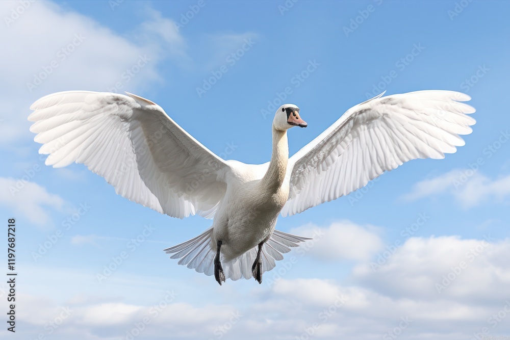 Fototapeta premium Wild swan spreading its wings in mid-flight against a bright blue sky isolated on white background