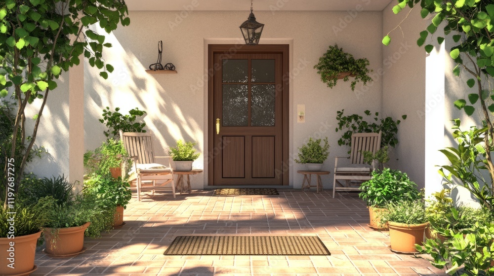 Fototapeta premium Simple front porch with doormat, small table and two chairs, surrounded by potted plants. generative ai