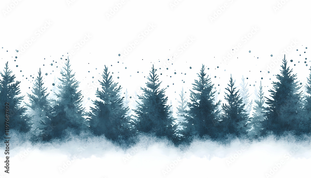 Fototapeta premium hand-drawn watercolor illustration of a snowy coniferous forest, serene winter landscape ideal for holiday designs -