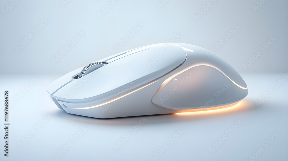 Computer mouse, sleek design, white plastic, ergonomic shape, glowing orange light, minimalist, futuristic, product photography, soft lighting, gray background, clean aesthetic, high-tech, wireless Computer mouse, sleek design, white plastic, ergonomic shape, glowing orange light, minimalist, futuristic, product photography, soft lighting, gray background, clean aesthetic, high-tech, wireless