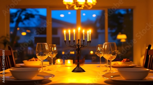 Romantic dinner setting with a menorah centerpiece, lit candles, wine glasses, and plates on a table by a window with a blurry night view. photo