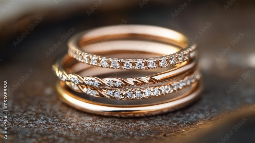 Stackable ring set, three thin bands, one with diamonds, one in plain gold and one with a twisted design. generative ai Stackable ring set, three thin bands, one with diamonds, one in plain gold and one with a twisted design. generative ai