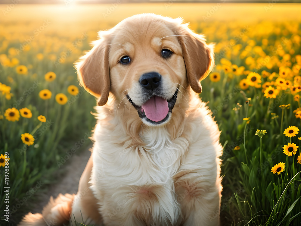 Happy golden retriever in sunny meadow with yellow flowers Happy golden retriever in sunny meadow with yellow flowers