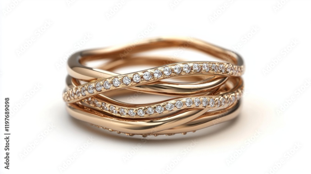 Stackable ring set, three thin bands, one with diamonds, one in plain gold and one with a twisted design. generative ai Stackable ring set, three thin bands, one with diamonds, one in plain gold and one with a twisted design. generative ai