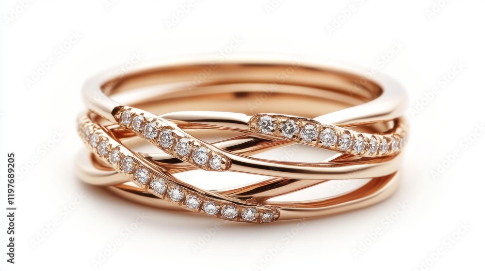 Stackable ring set, three thin bands, one with diamonds, one in plain gold and one with a twisted design. generative ai Stackable ring set, three thin bands, one with diamonds, one in plain gold and one with a twisted design. generative ai