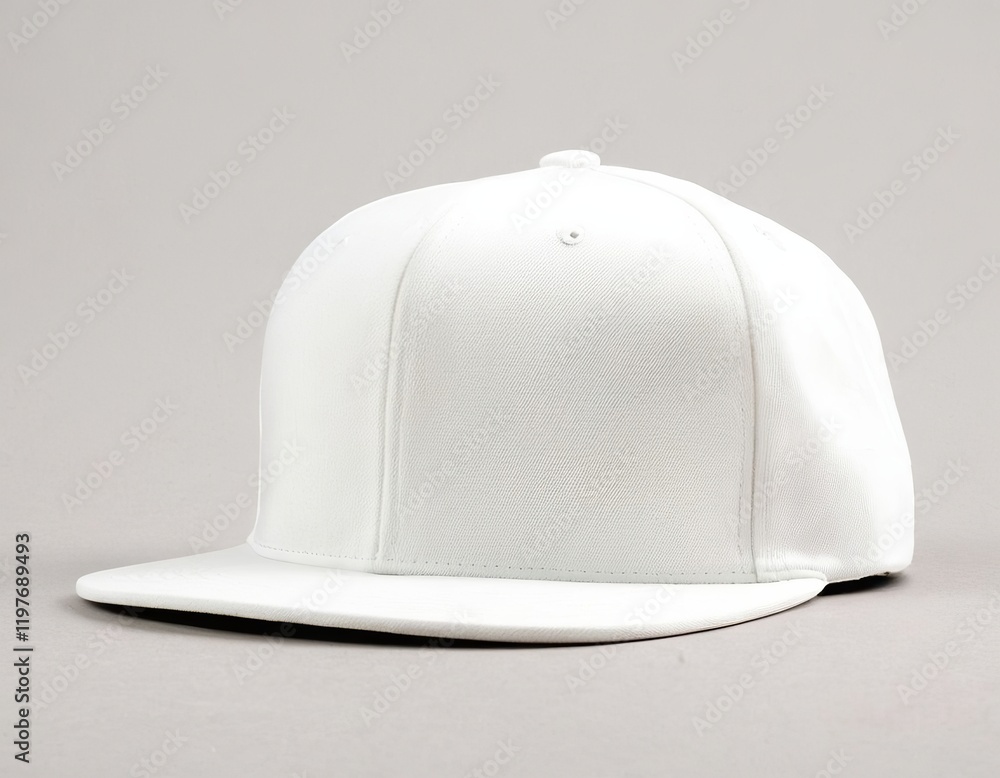 A stylish white snapback cap on a neutral background. A stylish white snapback cap on a neutral background.