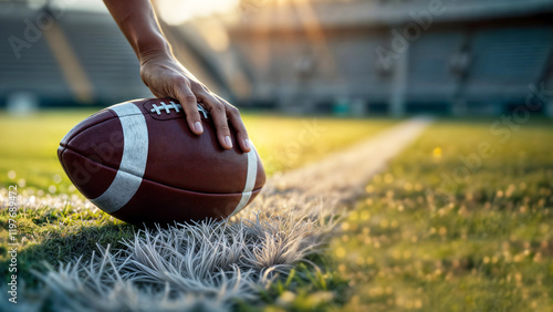 Close-up of hand placing football on grassy field in the stadium. American football player and ball closeup photo