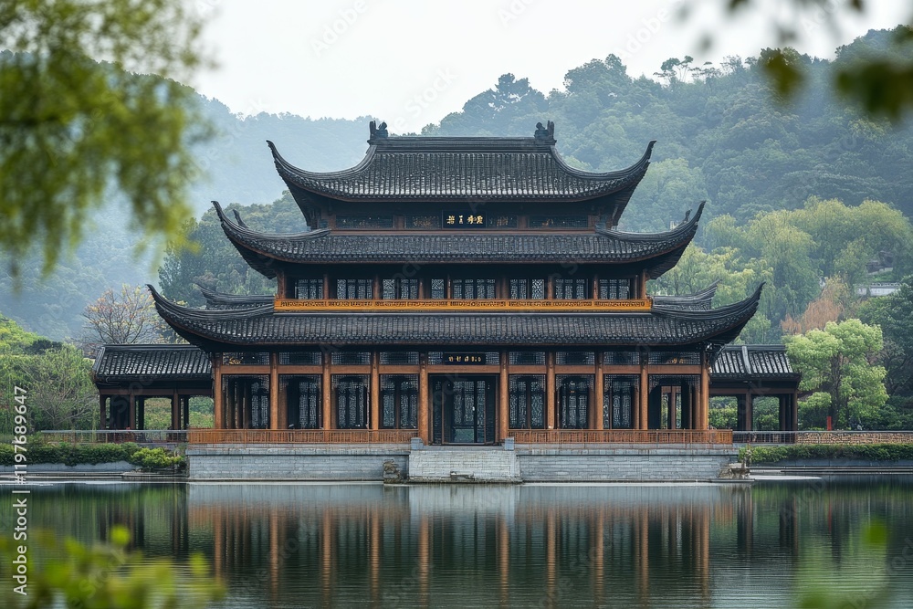 Obraz premium Serene pavilion reflects on calm lake, hills.