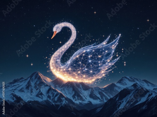 Majestic Swan Constellation Over Snowy Mountains"