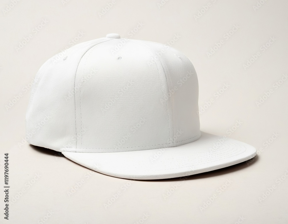 A stylish white snapback cap displayed on a soft beige background. A stylish white snapback cap displayed on a soft beige background.