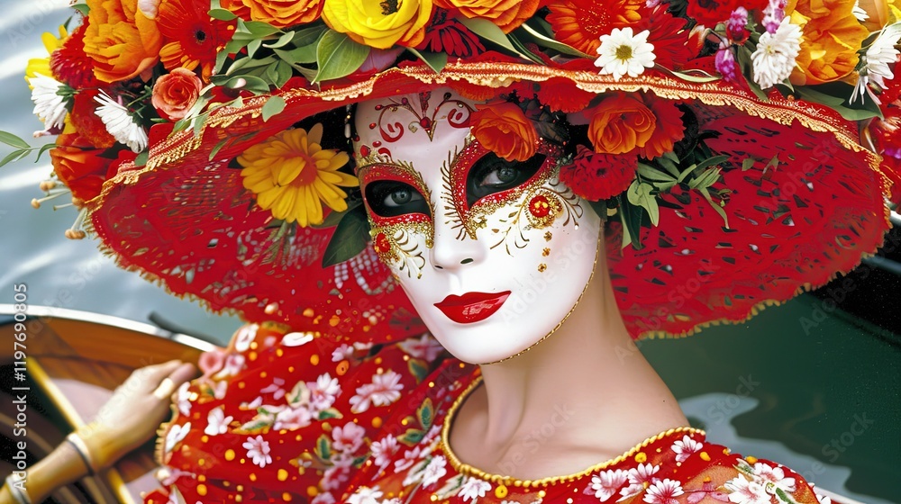 Masked Figure Dramatically Poses in Elaborate Costume Along the Venetian Canal During a Festive Celebration Masked Figure Dramatically Poses in Elaborate Costume Along the Venetian Canal During a Festive Celebration