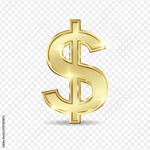 Golden US dollar currency symbol isolated on transparent background. Golden dollar sign. 3D signs money currency sign. 3D vector Illustration