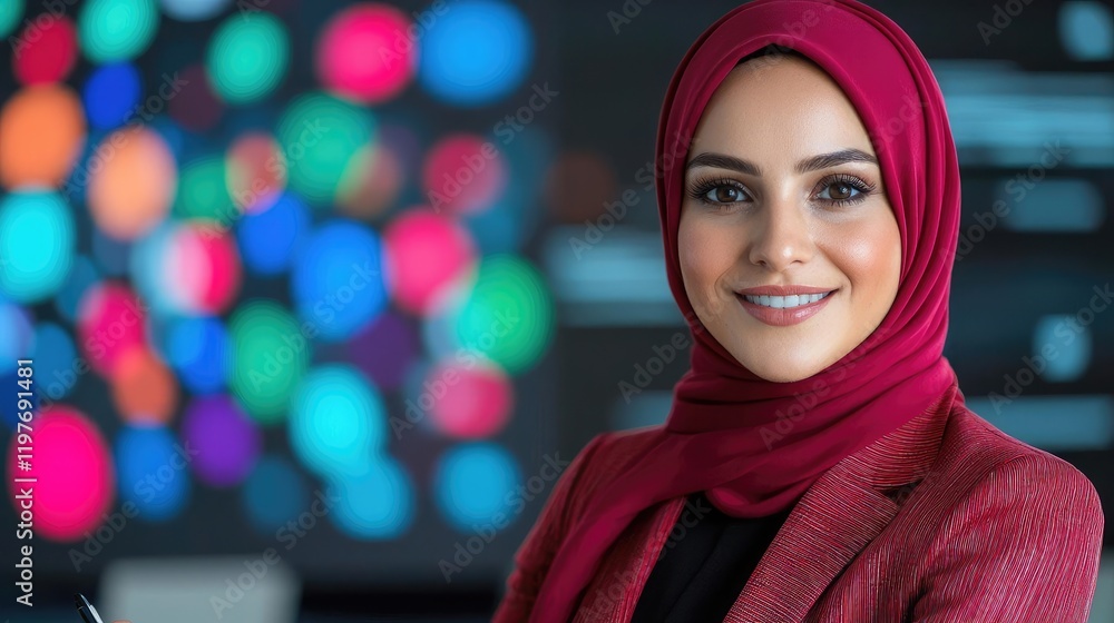 Smiling businesswoman hijab, office presentation, data background, corporate success Smiling businesswoman hijab, office presentation, data background, corporate success