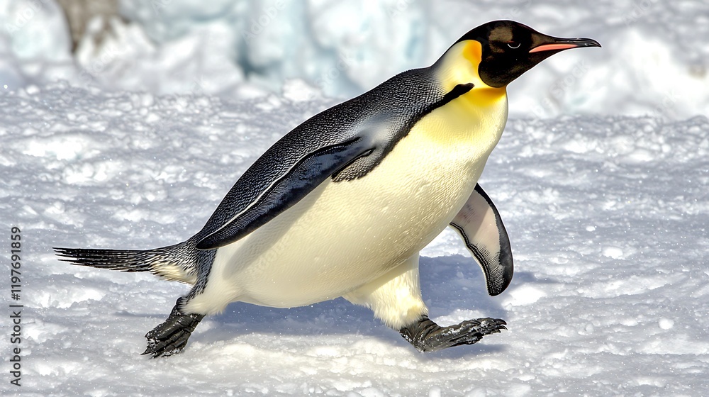 Fototapeta premium Emperor penguin walking Antarctic snow, iceberg background, wildlife documentary