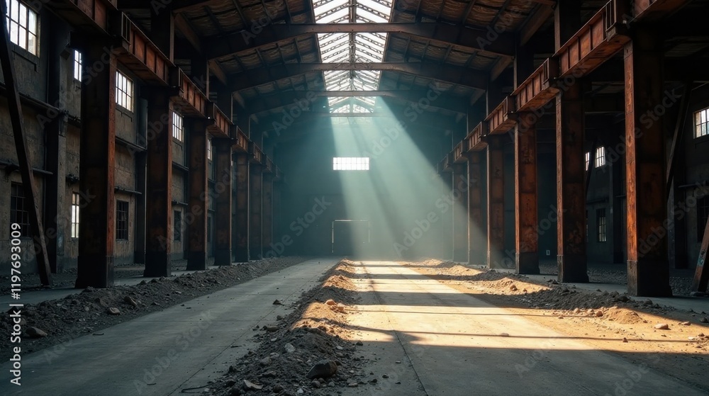 Sunbeams Illuminate the Vast Interior of an Abandoned Industrial Structure, Dust Motes Dancing in Golden Light Sunbeams Illuminate the Vast Interior of an Abandoned Industrial Structure, Dust Motes Dancing in Golden Light