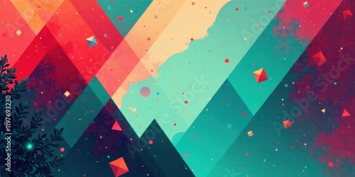 Abstract Geometric Mountain Range with Lush Greenery and Scattered Celestial Elements