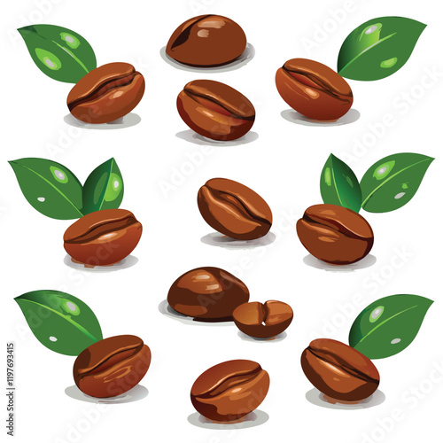 A set of coffee beans with green leaves
