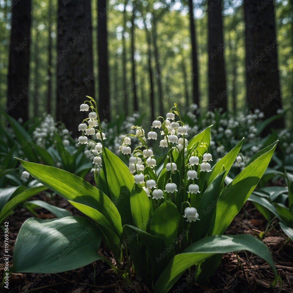 Obraz premium A delicate lily of the valley in a shaded forest.