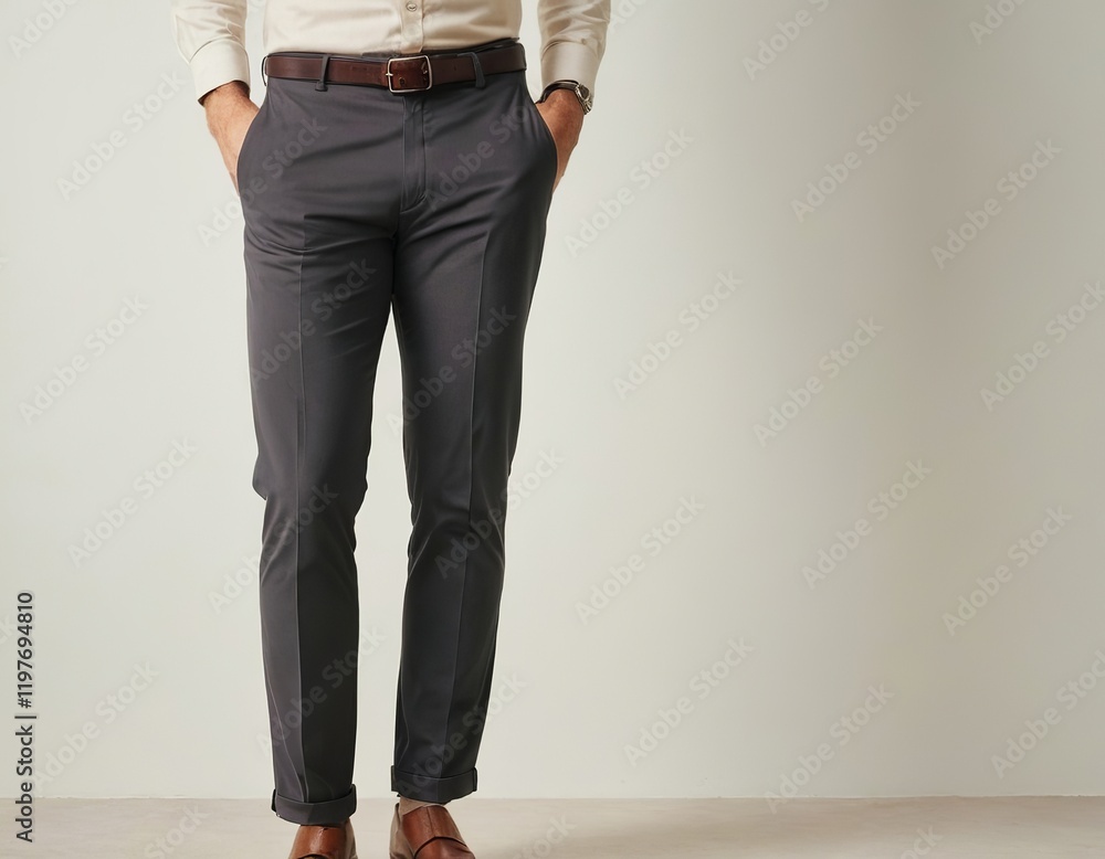 Stylish male model showcasing tailored gray trousers and brown leather shoes in a studio setting. Stylish male model showcasing tailored gray trousers and brown leather shoes in a studio setting.