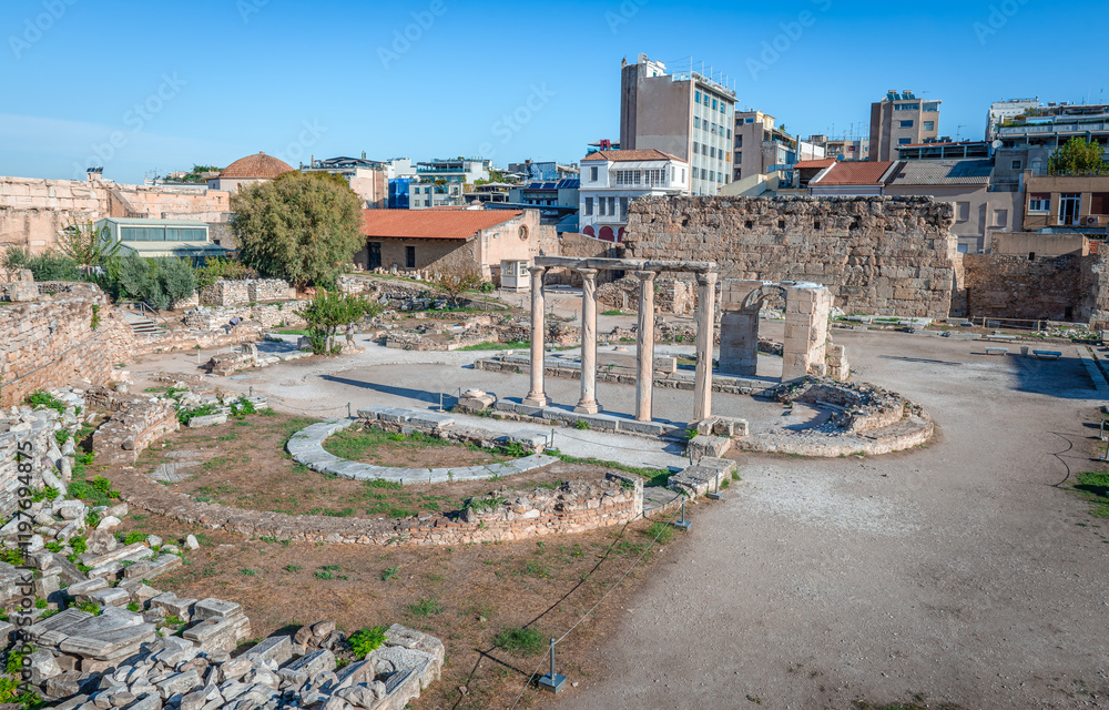 Fototapeta premium Hadrian's library in Roman Agora, built by Roman Emperor Hadrian on the north side of the Acropolis of Athens, Greece. Here is visible the tetraconch, built in the court of the ancient library.