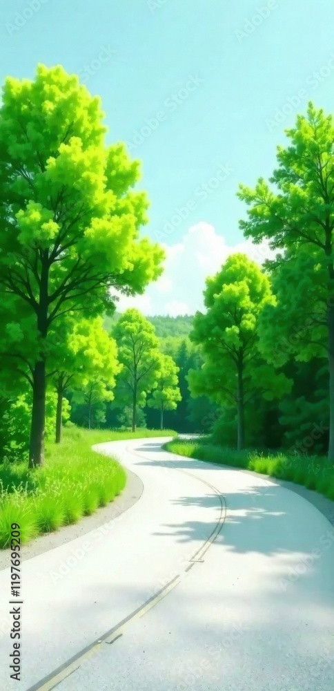 Serene Winding Road Through Lush Green Foliage Under a Bright Summer Sky Serene Winding Road Through Lush Green Foliage Under a Bright Summer Sky