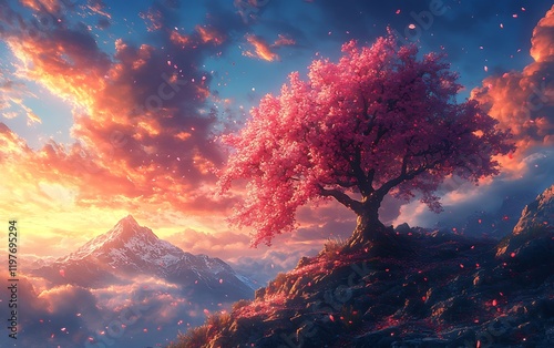 Fantasy Sunset Cherry Blossom Tree on Cliff