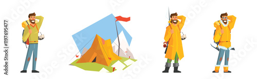 Camping Equipment and Man Camper Character Vector Set