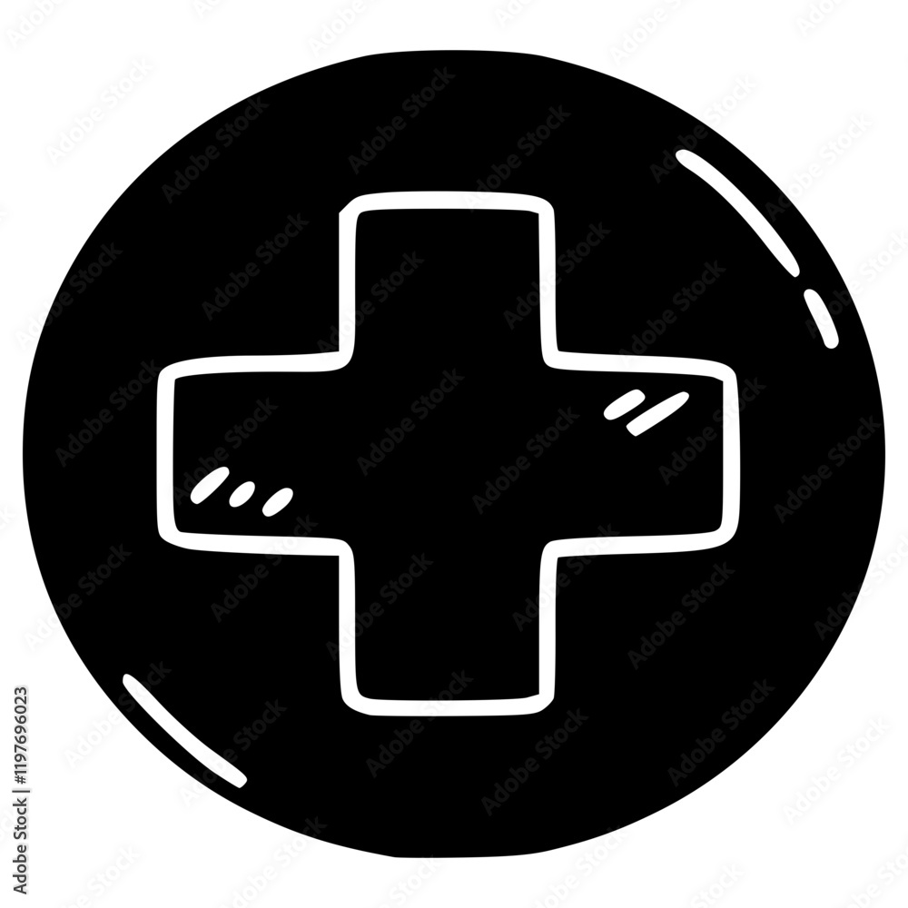 Obraz premium first aid cross on circle hand drawn glyph illustration