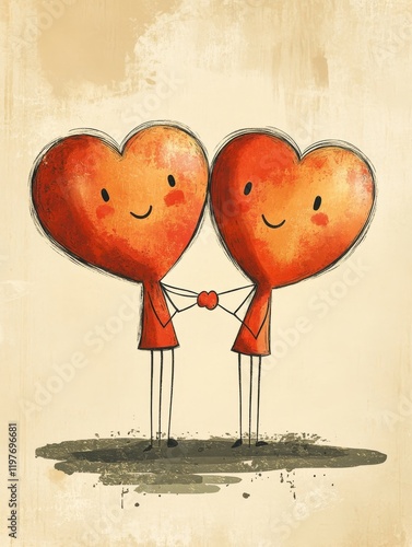 Two Cute Heart Characters Holding Hands with a Romantic Theme