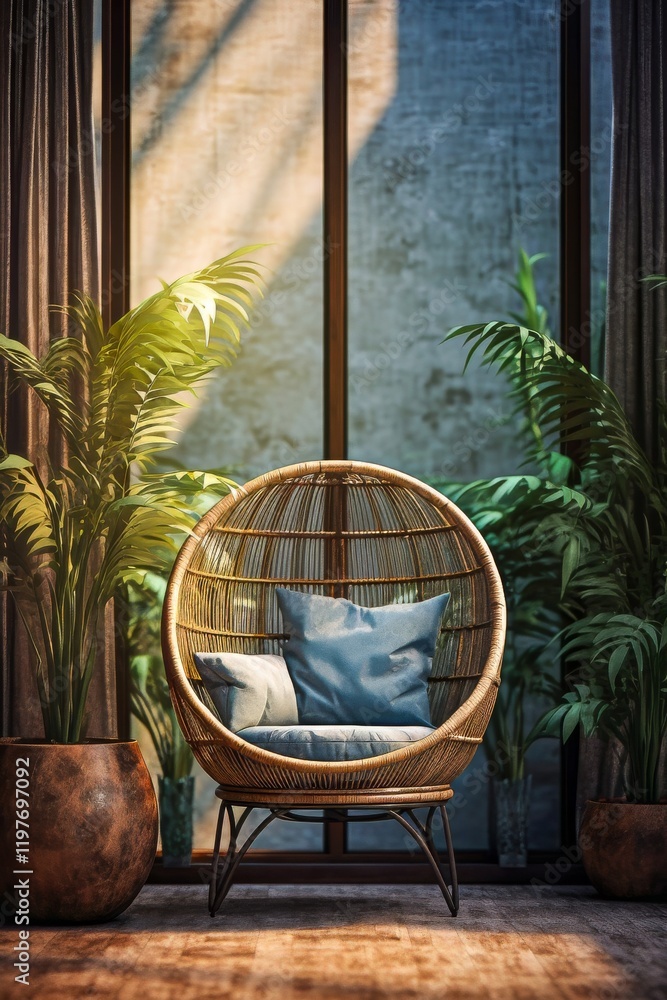 Fototapeta premium Cozy chair surrounded by greenery in a modern indoor setting