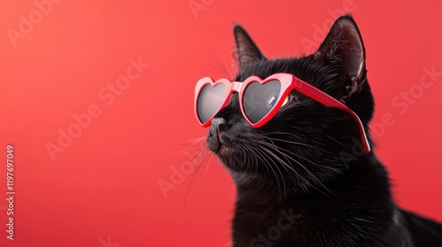 Cool black cat wearing heart-shaped sunglasses on vibrant red background perfect for Valentine's Day themes emphasizing fun and quirky style ideal for posters cards social media marketing photo