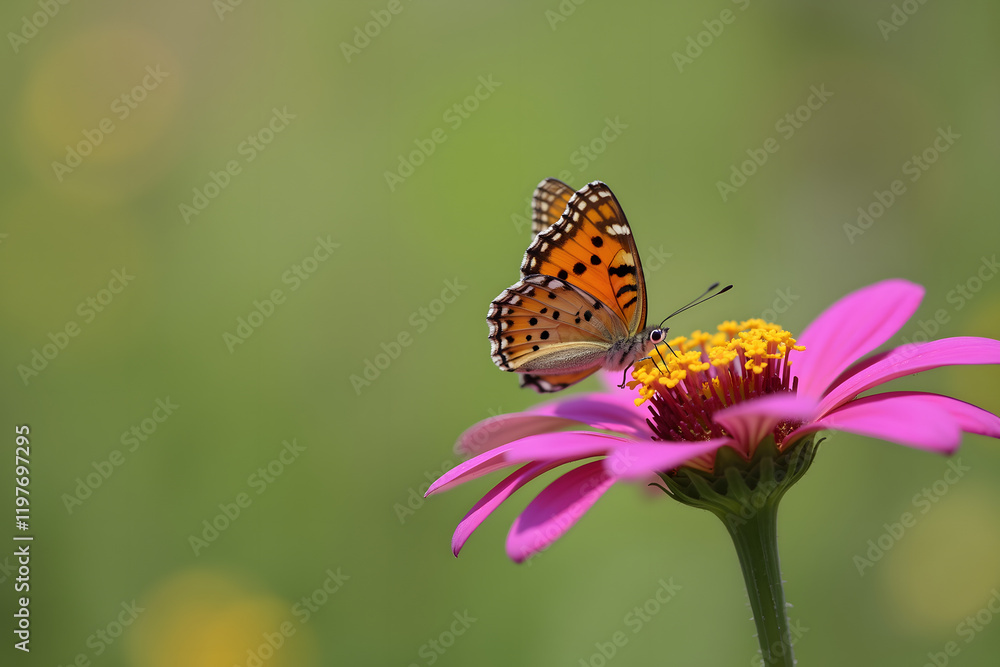 A vibrant butterfly with orange and black markings rests on a pink flower, showcasing nature's beauty in a lush green background A vibrant butterfly with orange and black markings rests on a pink flower, showcasing nature's beauty in a lush green background