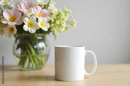 Wallpaper Mural A white mug is placed on a wooden table beside a vibrant bouquet of flowers, adding a fresh and inviting atmosphere to the setting Torontodigital.ca