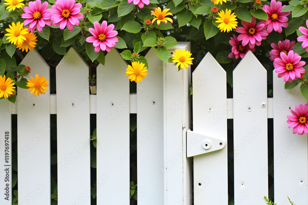 Fototapeta premium A white picket fence adorned with vibrant pink and yellow flowers creates a cheerful and welcoming scene filled with color and nature's beauty