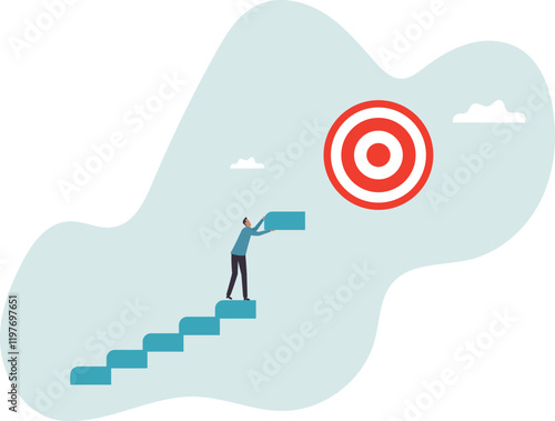 Develop business plan to achieve target, build stair to success or career growth, action plan or effort to reach goal,business concept.flat character.