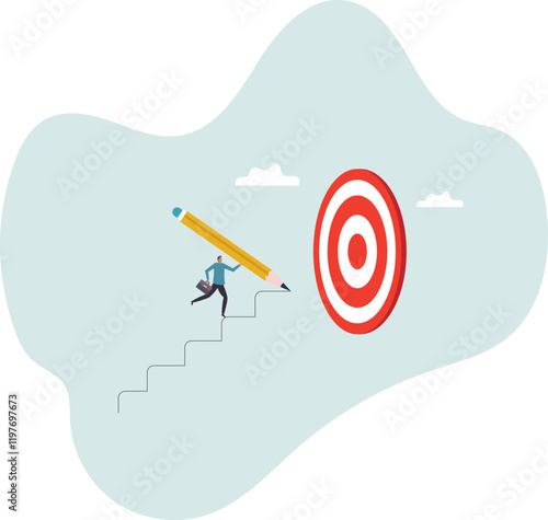 Build stair to reach target, career success or progress to achievement, business goal or future succeed, effort to grow career path.business concept.flat character.