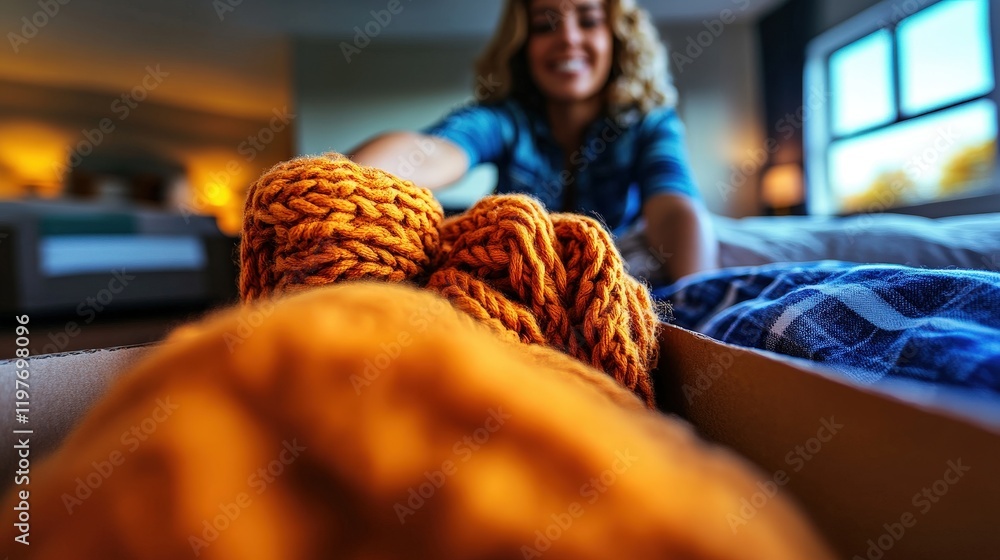 In a welcoming living room, a woman is seen reaching for soft, knitted items, creating an inviting atmosphere that emphasizes comfort, warmth, and the joy of home-oriented activities. In a welcoming living room, a woman is seen reaching for soft, knitted items, creating an inviting atmosphere that emphasizes comfort, warmth, and the joy of home-oriented activities.