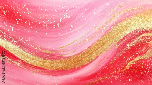 Abstract pink and gold wave in vibrant flowing motion art with shimmering particles for elegant design, festive decoration, or luxurious celebration theme depicting dynamic brush strokes and glitter