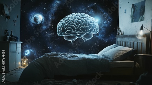 Luminescent brain floats above sleeping person's bed.