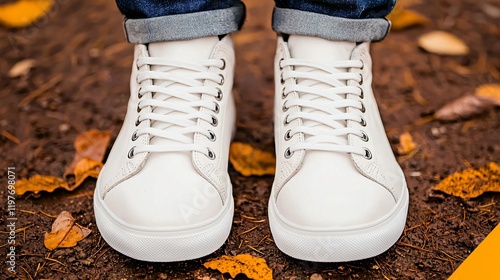 White high-top sneakers on autumn leaves. photo