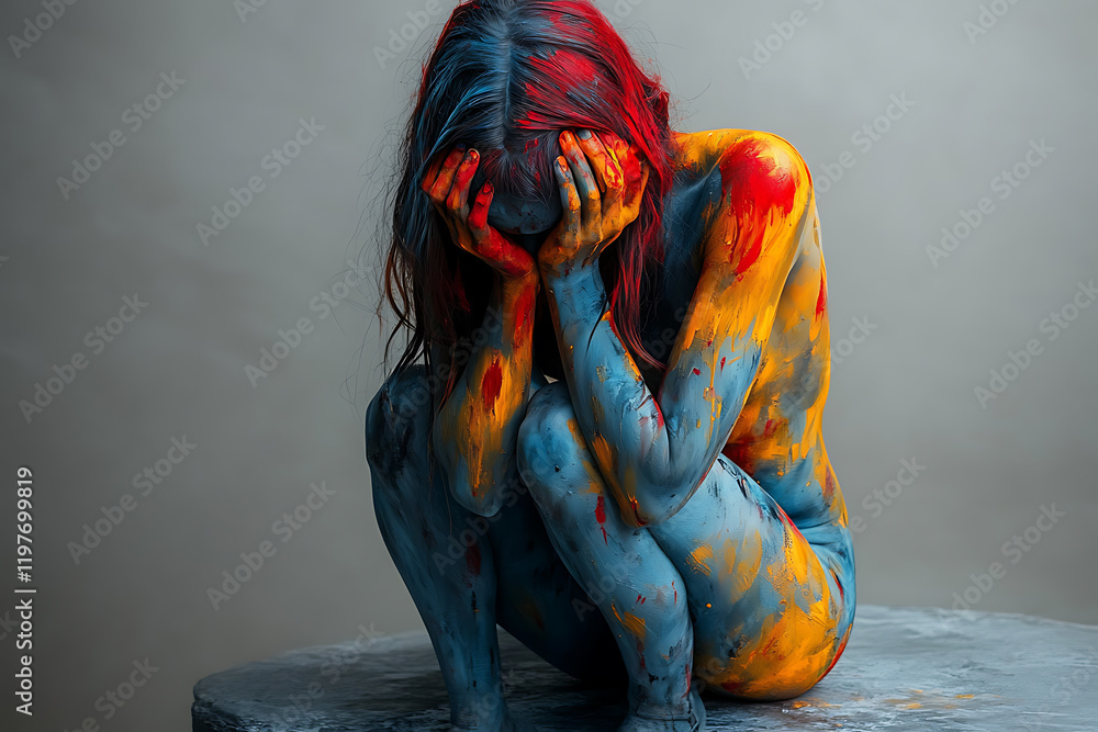 Naklejka premium An expressive image of emotional tension in a person, featuring a figure in contrasting colors surrounded by abstract lines radiating outward