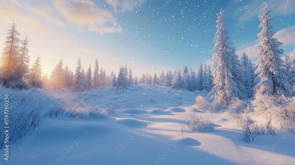 Snowy forest sunrise, winter wonderland scene, peaceful landscape, nature background, ideal for calendar