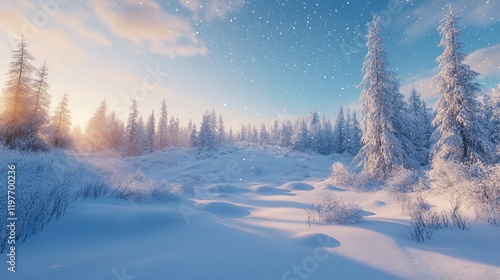 Obraz na płótnie Snowy forest sunrise, winter wonderland scene, peaceful landscape, nature background, ideal for calendar w salonie