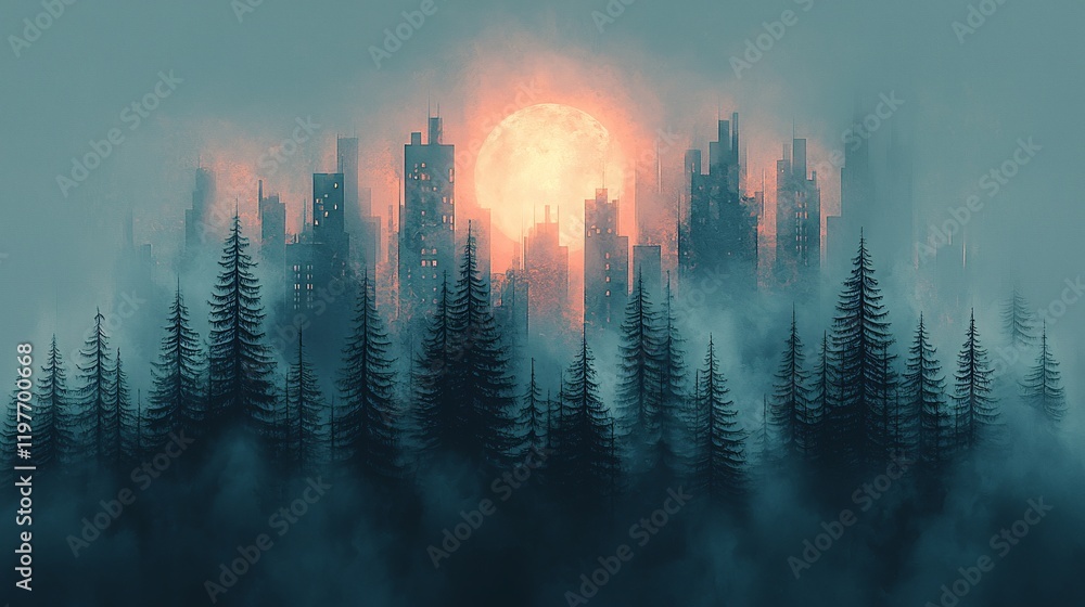 Misty forest silhouette against a city skyline with a large, red moon. Misty forest silhouette against a city skyline with a large, red moon.