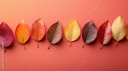 Autumn leaves row, coral background, fall design. photo