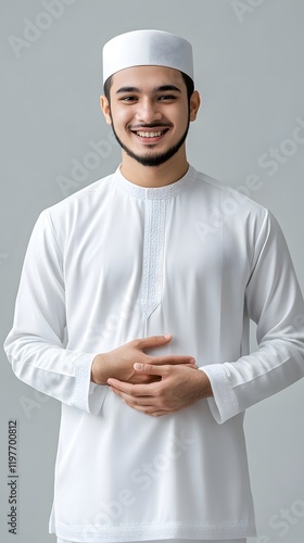 Smiling Young Man Wearing Traditional White Muslim Clothing photo