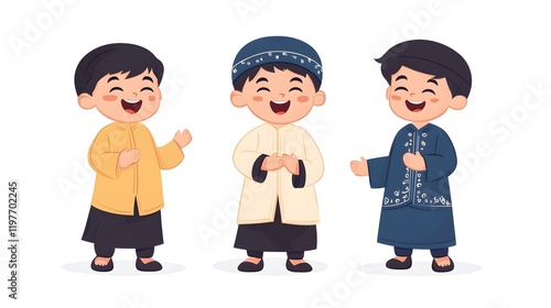 Three Happy Boys Wearing Traditional Muslim Clothing photo