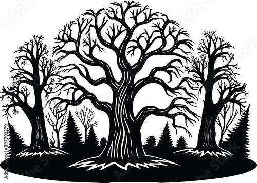 Halloween tree set vector illustration. Silhouette of a tree isolated. Spooky trees silhouette 